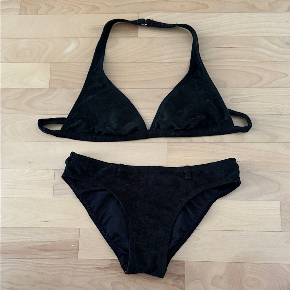 Suede material Black Halter Bikini Set